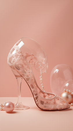 Wine glass and high heel shoes with pearls on pink backgroundの素材