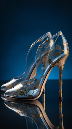 High heel women shoes on blue background. 3d render illustration.の素材