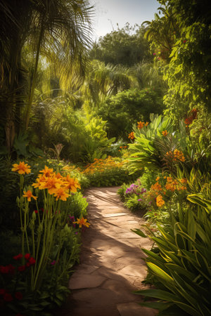 Beautiful tropical garden with flowers and pathway. Toned image.の素材