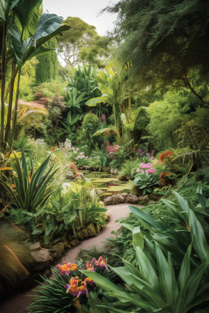 Beautiful tropical garden with ferns and flowers in the parkの素材