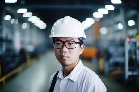 Portrait of a young Asian engineer wearing a safety helmet and glassesの素材