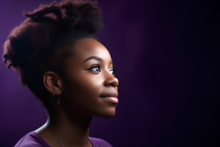 Beautiful african american woman with afro hairstyle on purple backgroundの素材