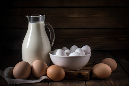 Eggs and milk in a glass jug on a wooden backgroundの素材