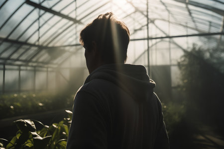 Back view of young man standing in greenhouse looking at the sun.の素材