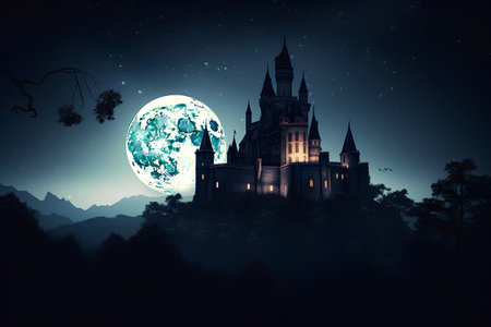 Fantasy castle in the forest with full moon. Halloween background.の素材