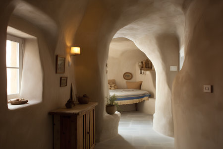 Interior of a hotel room with a bed and a window.の素材