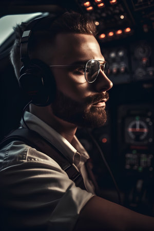 Portrait of a bearded pilot in the cockpit of a plane.の素材
