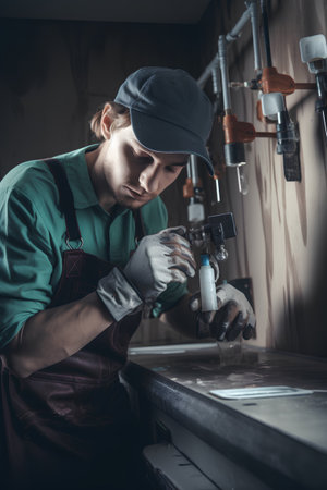 Portrait of a young plumber in uniform working in the kitchenの素材