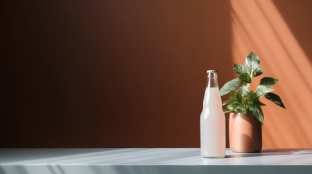 Bottle mockup on white table with green plant in vaseの素材