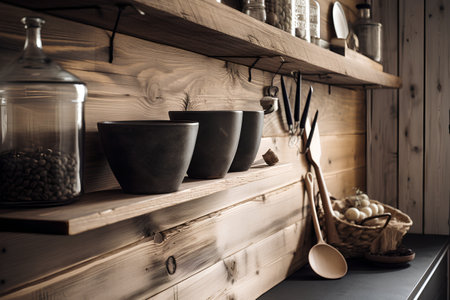 Kitchen utensils on a wooden shelf in a modern kitchenの素材