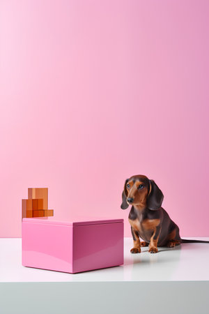 Cute dachshund dog sitting on the floor next to a pink boxの素材