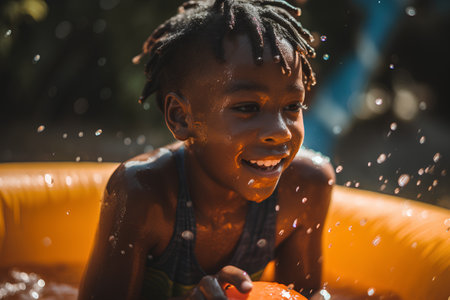 little african american girl playing in swimming pool with water and having funの素材
