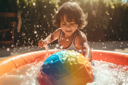 Cute little girl playing with a ball in the pool on a sunny dayの素材