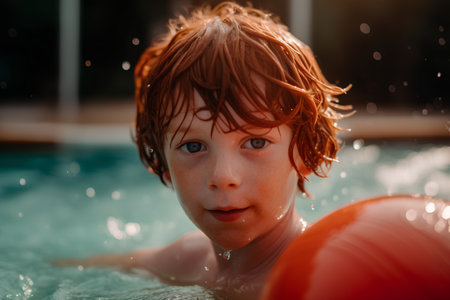 Portrait of a red-haired boy in a swimming pool.の素材