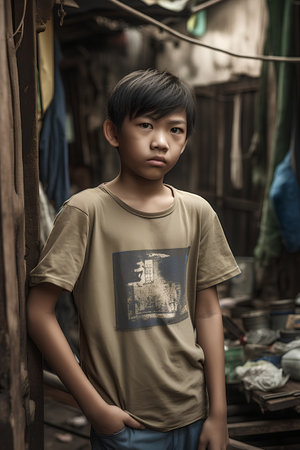 Portrait of a young asian boy standing in the street.の素材