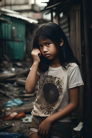 Portrait of Asian child girl with dirty face and dirty clothes.の素材