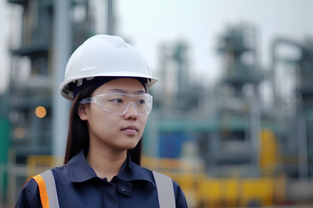 Portrait of Asian woman engineer wearing safety helmet and glasses in oil refinery.の素材