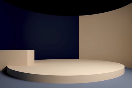 Illustration of a round podium in a room with dark blue wallsの素材
