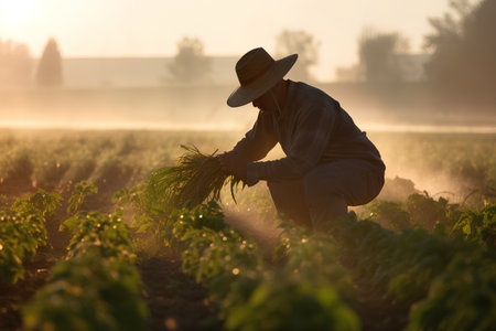 Farmer working on a potato field in the early morning, sunriseの素材