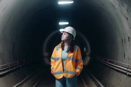 Female engineer standing in underground tunnel, looking at camera with serious face.の素材