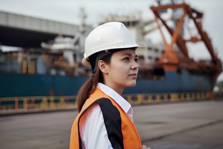 Portrait of a female worker wearing a safety helmet in a portの素材