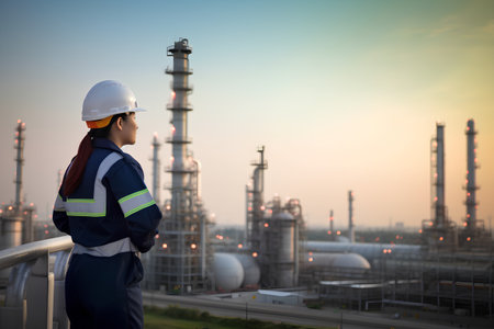 Engineer woman standing in front of oil refinery plant at sunset timeの素材