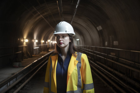 Portrait of a young woman in a construction site wearing a safety helmet.の素材