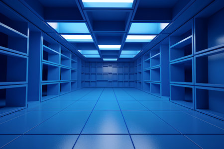 Abstract blue interior with empty shelves, 3d render illustration, square imageの素材