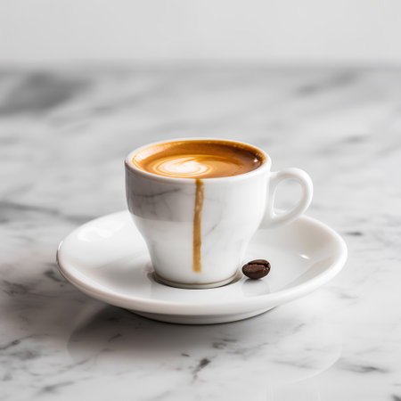Coffee cup with latte art on white marble background.の素材