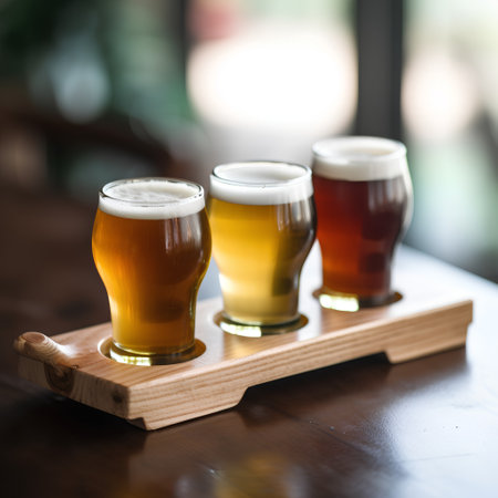Three glasses of beer on a wooden stand on a table in a pubの素材