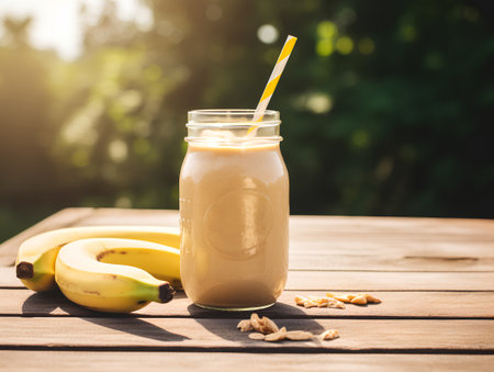 Banana smoothie in a glass jar on a wooden table in a gardenの素材