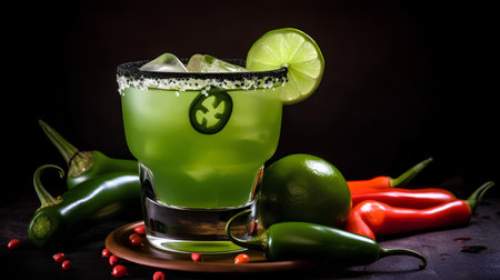 Green mexican cocktail with lime and chili pepper on black backgroundの素材