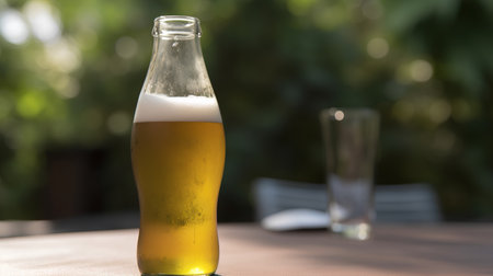 Beer in a bottle on a wooden table with a blurred background.の素材
