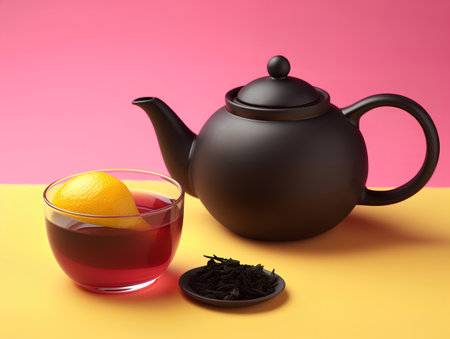 teapot and cup of black tea on yellow and pink backgroundの素材