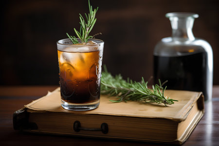 Cuba libre cocktail with ice cubes and rosemary on old bookの素材