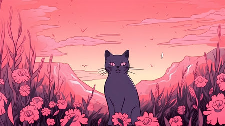 Illustration of a black cat sitting on a flower meadow at sunsetの素材