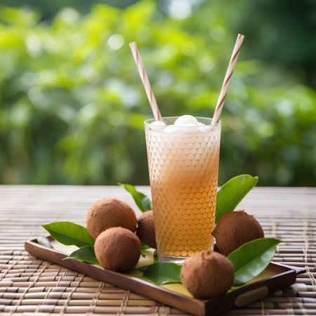 Freshly made kiwi juice in glass with ice cubes and fresh fruitsの素材