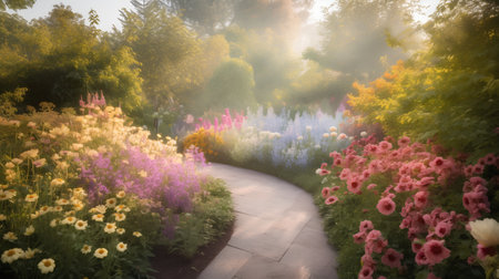 Beautiful spring garden with colorful flowers and path in the morning.の素材