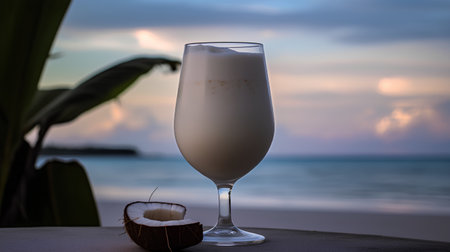 Coconut milk smoothie with coconut on the beach at sunsetの素材