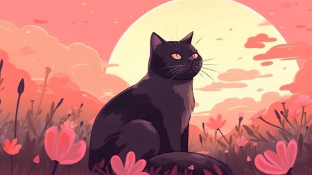 Illustration of a black cat sitting in a meadow at sunsetの素材