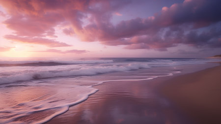 Beautiful sunset on the beach. Colorful sky with clouds.の素材