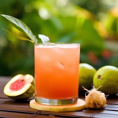 Fresh guava juice in glass with fresh guava fruits on green backgroundの素材