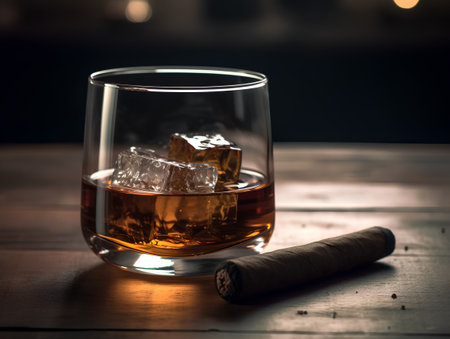 A glass of whiskey with ice cubes and cigar on a wooden tableの素材