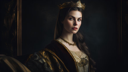 Portrait of a beautiful medieval woman in a golden crown. Studio shot.の素材