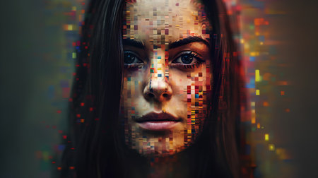 Portrait of a beautiful young woman with abstract mosaic on her face.の素材