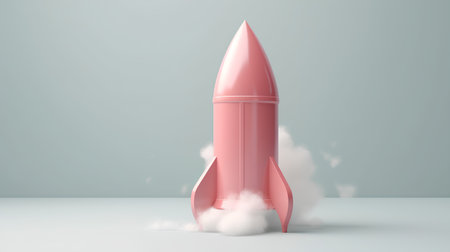 3d rendering of a pink rocket on a gray background with cloudsの素材