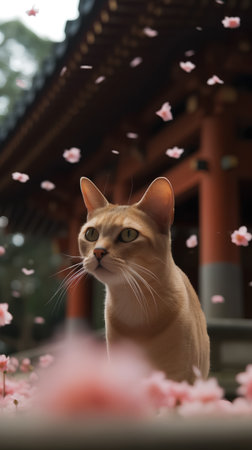 ginger cat with cherry blossom petals on the background of the templeの素材