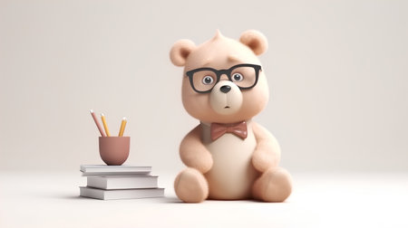 Teddy bear with books and pencils on a light background.の素材