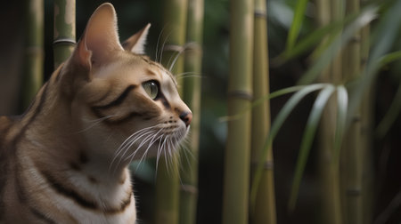 Bengal cat in a bamboo garden, close up portrait.の素材