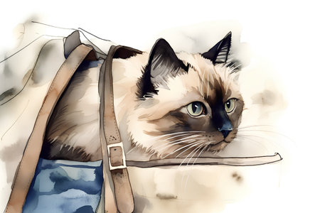 Watercolor portrait of a Siamese cat in a backpack.の素材